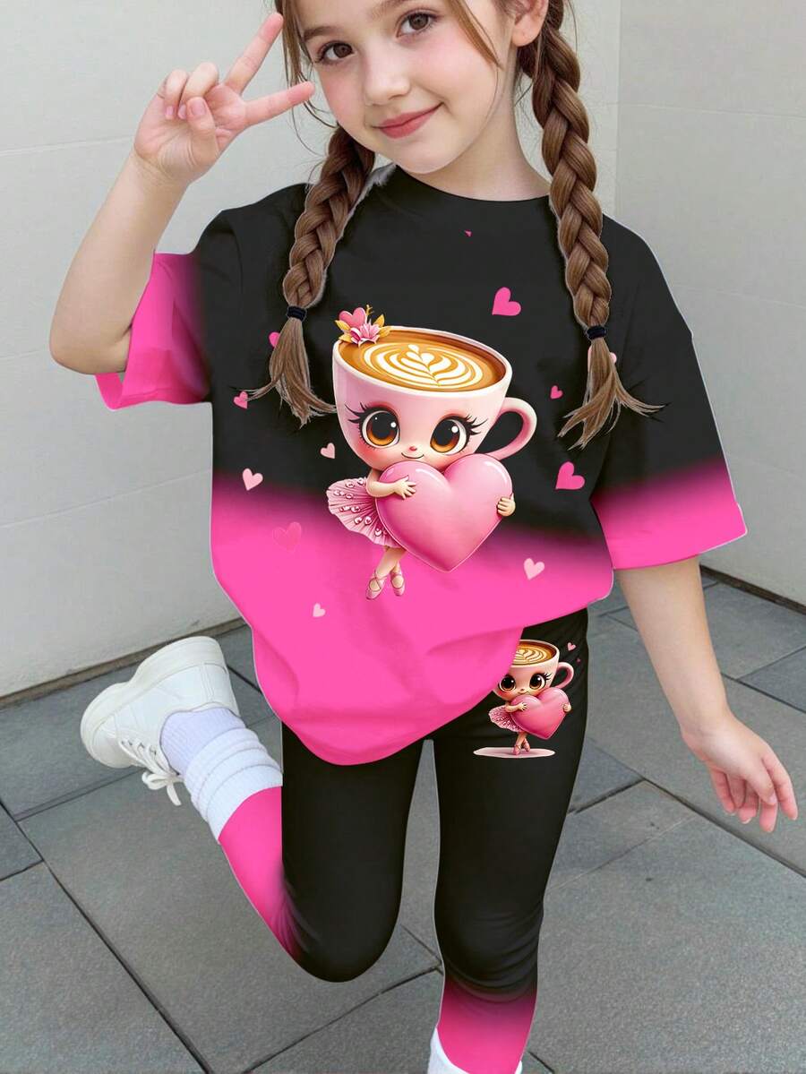 SHEIN Young Girl Cartoon Print Round Neck Short Sleeve T-Shirt And Pants Casual Daily Outfit - Multicolor - View 1