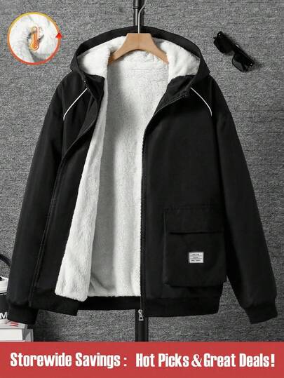 SHEIN Chaqueta gráfica casual de moda con bolsillo de carga a rayas blancas para adolescentes varones, corte holgado, cómoda, versátil, adecuada para otoño, primavera, invierno, uso diario, ir y venir, al aire libre, deportes, escuela, ropa urbana, fiesta, fotografía