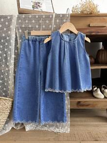 SHEIN LMoss Kids 2件套少女镂空刺绣花卉图案蓝色牛仔宽松背心和裤子套装 - 中等水洗藍 - 查看 4