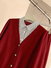 Resyla Women's New Striped Shirt & Wide Leg Pants 2 Pieces Set, Autumn/Winter Outfit - Red - View 4