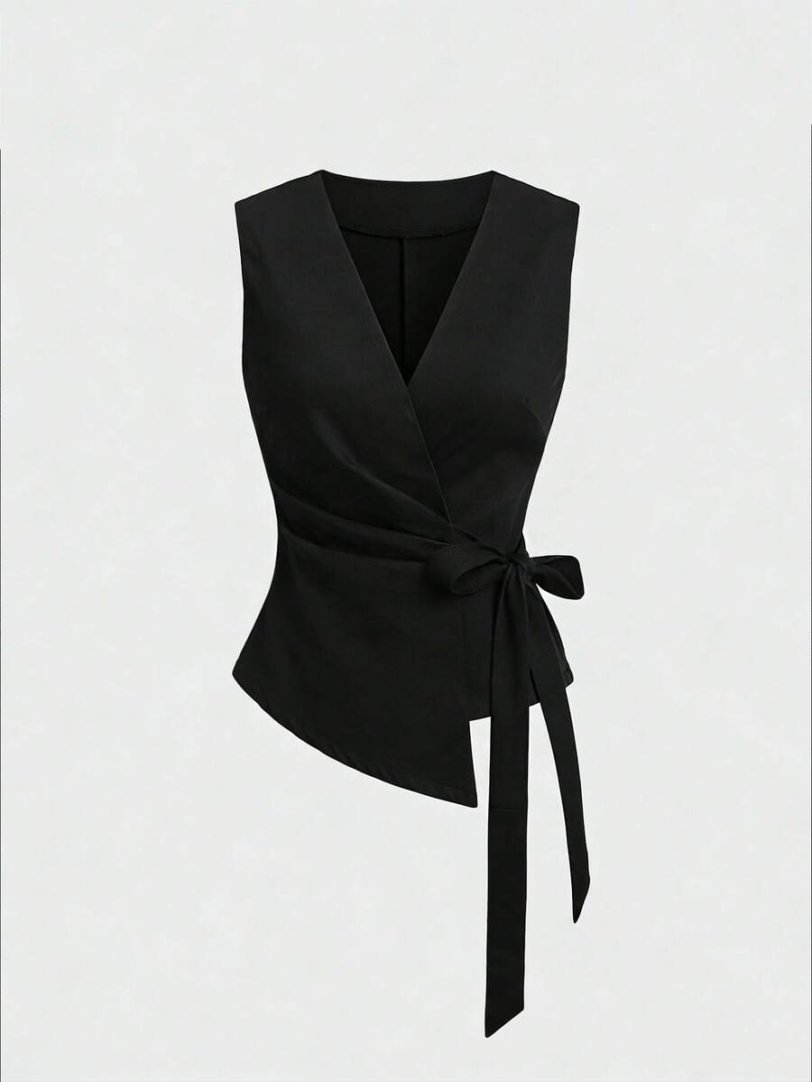 Sweetra Elegante chaqueta tipo blazer de estilo francés con diseño de escote en V y tirantes cruzados en color negro, moda minimalista y práctica para mujer, para primavera/verano - Negro - Ver 1