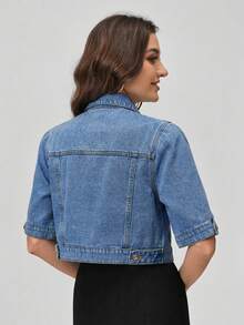 SHEIN EZwear 女士短袖单排扣休闲牛仔外套 - 淺色水洗藍 - 查看 2