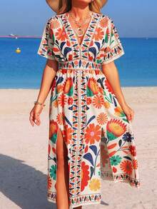 Swim Vcay 女士春夏沙滩连衣裙，V领长款收腰开衩度假印花连衣裙，带罩衫 - 橘色 - 查看 1