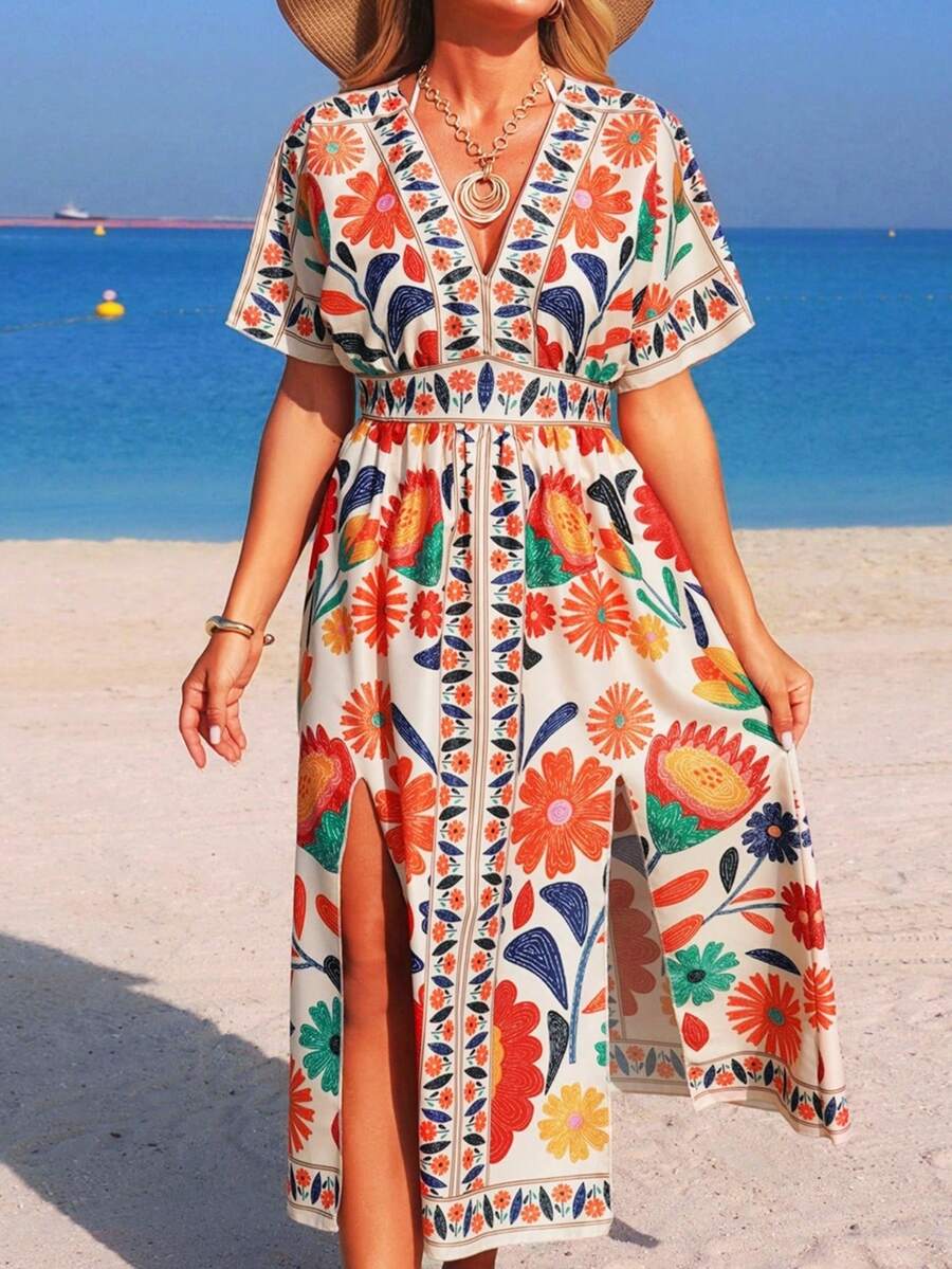 Swim Vcay 女士春夏沙滩连衣裙，V领长款收腰开衩度假印花连衣裙，带罩衫 - 橘色 - 查看 1