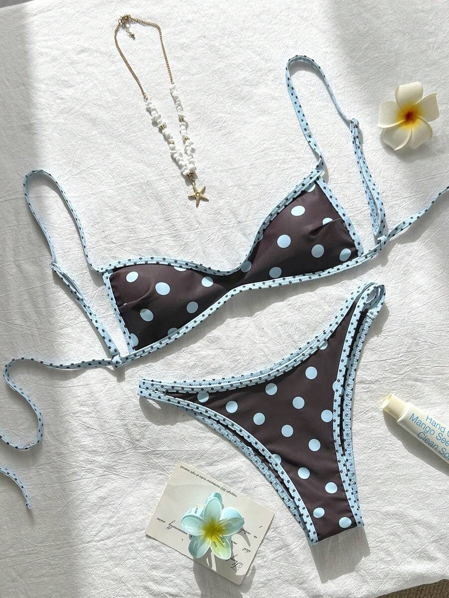 Swim Vcay Bộ bikini nữ mùa hè đi biển, in họa tiết ngẫu nhiên, không gọng, dây đeo điều chỉnh được, gồm áo bơi và quần bơi ngắn. - Nhiều màu - Xem 1
