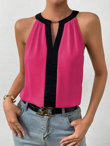 EMERY ROSE 撞色滚边钥匙孔领休闲无袖衬衫，适合夏季穿着 - 玫紅色 - 查看 6