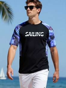 Manfinity Swimmode Men's Tropical Print Evaluation Swimwear, Beach & Surfing Men's Rash Guard Shirt Swimming Shirt For Men Surf Shirt Men Cancun Outfit - Black - View 3