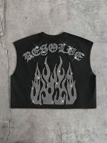 AXEPEAK 男士夏季时尚字母火焰水钻装饰背心 - 黑色 - 查看 7