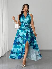 Elenzga Plus Size Women's Elegant V-Neck Floral Print Sexy Flowing Maxi Dress, Spring/Summer - Multicolor - View 6