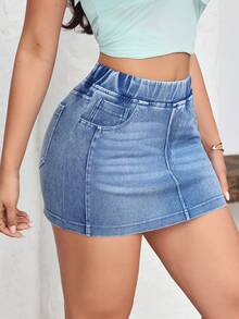 Flexra 女士弹力腰带口袋修身牛仔迷你裙 - 藍色 - 查看 4