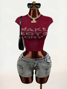 Mistrie Women's Rhinestone Letter Pattern Round Neck Cap Sleeve Fitted T-Shirt - Burgundy - View 1