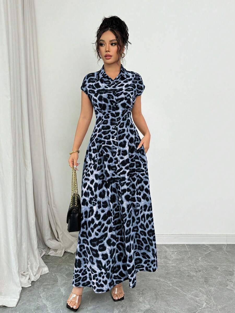 Rafferiza Women's Elegant Leopard Print Collared Short Sleeve Button Down Waist Dress - Wander Blue - View 1