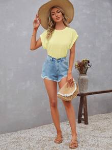 SHEIN LUNE Maglietta casual a maniche corte e collo rotondo in maglia tinta unita da donna - Giallo chiaro - Visualizzare 7