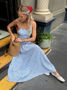 Elyressa A Long, Elegant Summer Dress With Woven Stripes For Women - Blue and White - View 3