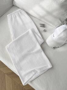 Elamini 女士复古纹理宽松低腰休闲裤，修身纯色直筒裤，春季必备 - 白色 - 查看 2