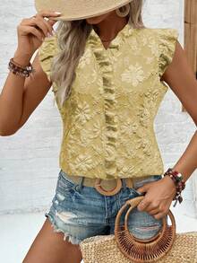 SHEIN LUNE Casual Vacation & Daily Wear Ruffle Sleeve Bow Tie Printed Apricot Blouse For Women - Ginger - View 6