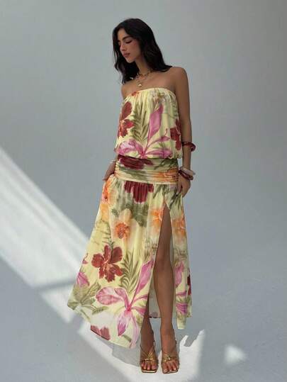 Aloruh Vestido de vacaciones con estampado sin espalda y bandeau sexy