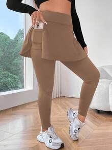 Vionelle Plus Size Solid Color Minimalist High Stretch Leggings, Everyday Wear - Apricot - View 4
