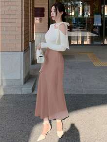 DAZY Women's Fitted Solid Color Satin Skirt, Spring/Summer - Dusty Pink - View 2