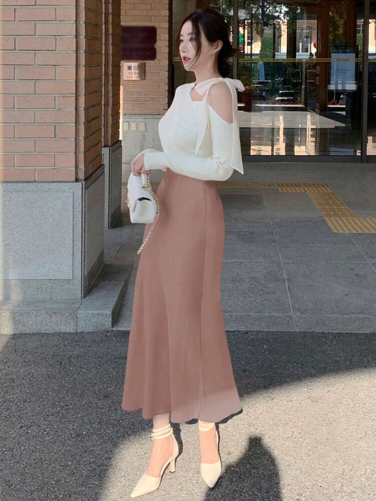 Women's Fitted Solid Color Satin Skirt, Spring/Summer