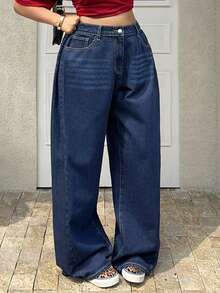 Dazy Plus Quần jeans ống loe rộng, màu xanh đậm, dáng dài, đa năng, phù hợp mọi mùa. - Rửa tối - Xem 7