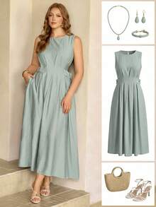 Roveilla Plus Size Women's Spring/Summer French Elegant Luxury Minimalist Design Casual Vacation Workwear Vintage Comfortable Solid Color Linen-Like Fabric Round Neck Waist Cinched Sides Waist Loops Metal Button Flared Hem Sleeveless Maxi Dress Plus Size Sage Dress Dusty Blue Women Dress Sage Dress Plus Size Curve Dresses With Pockets Light Blue Dress Curve - Mint Green - View 8