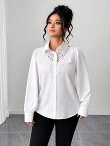 Elenzga Plus Size Women's Solid Color Contrast Lace Long Sleeve Single-Breasted Shirt Teachers' Day Semi Formal White Autumn Elegant - White - View 3