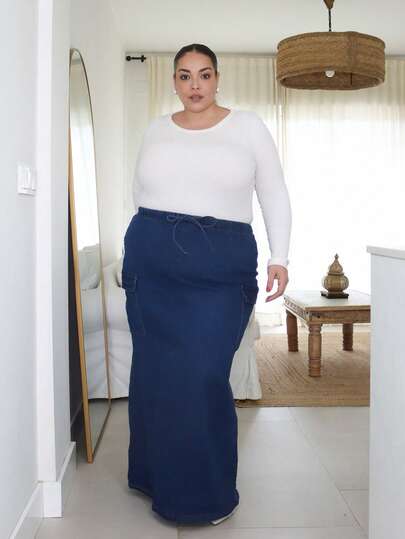 Pretty and Ole 大码休闲牛仔长裙，长款蓝色弹力