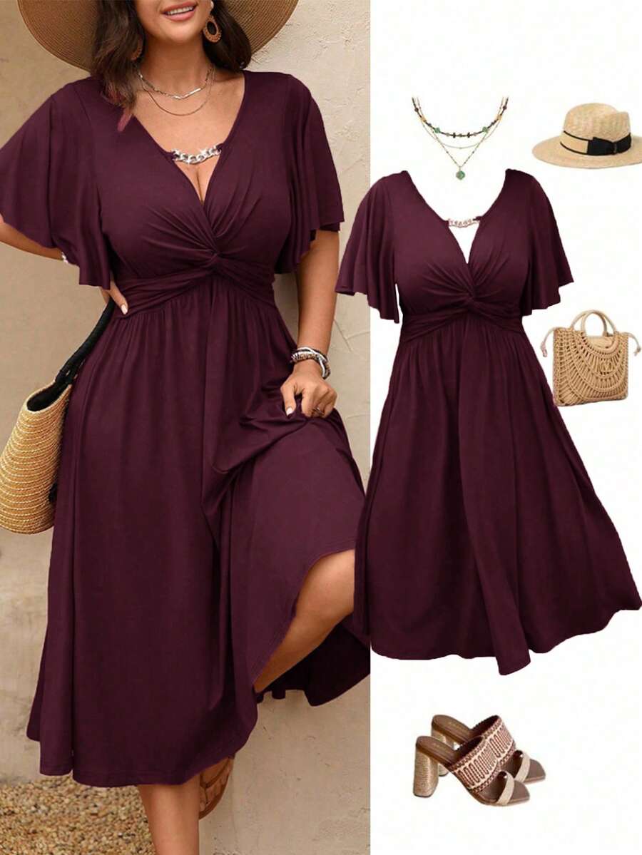 DreamSkyne Plus Size Women's Spring/Summer Chain Link Ruffle Twist Waist Textured Knit V-Neck A-Line Midi Dress - Burgundy - View 1