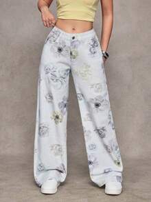 Jeanoix 女士纽扣花卉图案休闲百搭日常水洗牛仔裤 - 彩色 - 查看 5