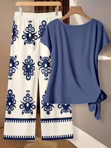 SHEIN Clasi Casual Minimalist Geometric Pattern Vacation Tie Bow Blouse & Loose Straight Leg Pants 2 Pieces Set, Suitable For Spring/Summer - Multicolor - View 2