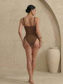 Anewsta Women's Solid Color Side Tie Strap One-Piece Swimsuit, Vacation Style For Summer - Brown - View 2