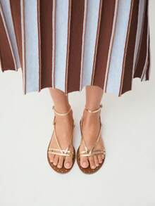 Nöista Strappy Flat Sandals With Studded Decor. Chic, Comfortable, And Perfect For Summer Outings. - golden brown - View 2