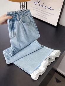 GlowEve 女士休闲日常荷叶边斜插口袋牛仔裤 - 藍色 - 查看 4