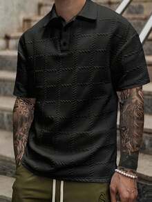 Manfinity Homme Plus Size Men's Black Summer Casual Smart Asymmetric Plaid Jacquard Polo Shirt, Short Sleeve Button Up Collared Top, Old Money City Break Streetwear Men - Black - View 1