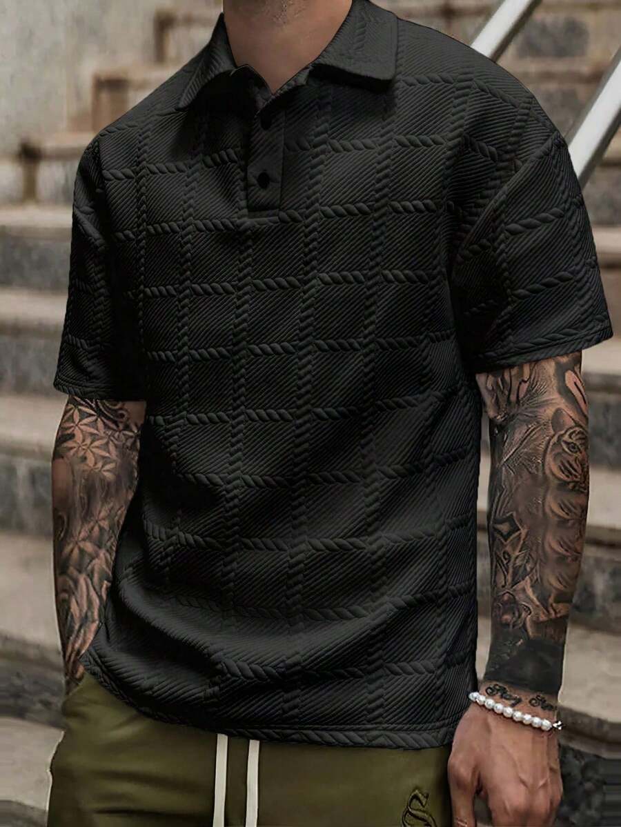 Manfinity Homme Plus Size Men's Black Summer Casual Smart Asymmetric Plaid Jacquard Polo Shirt, Short Sleeve Button Up Collared Top, Old Money City Break Streetwear Men - Black - View 1