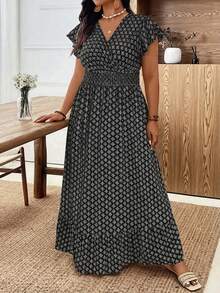 SHEIN Tall CURVE 优雅通勤度假风休闲女装时尚花卉图案百搭舒适褶皱荷叶边短袖弹力腰长连衣裙，白色，大码及高个款 - 黑色 - 查看 5