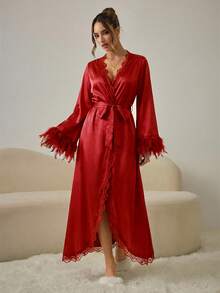 HautHeat 女士V领蕾丝交叉蝴蝶结羽毛装饰休闲家居服睡袍 - 紅色 - 查看 3