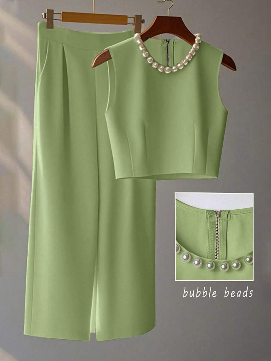 Franclia 法式高级时尚立体串珠无袖上衣搭配层叠阔腿裤夏季两件套女士夏季服装夏季两件套女士夏季两件套女士两件套女士连衣裙正装女士套装珍珠领上衣和裤子套装优雅女士套装女士两件套 - 薄荷綠 - 查看 1