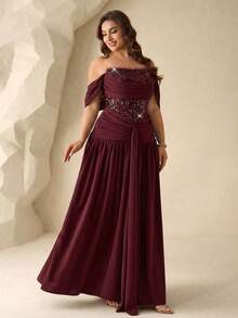 Coutiva Plus Size Women's Off-Shoulder Sequin Pleated Elegant Cinched Waist Formal Evening Gown - Burgundy - View 4