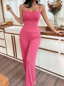 SweetSlumber Lace Patchwork Camisole And Pants Women Pajama Set - Hot Pink - View 6