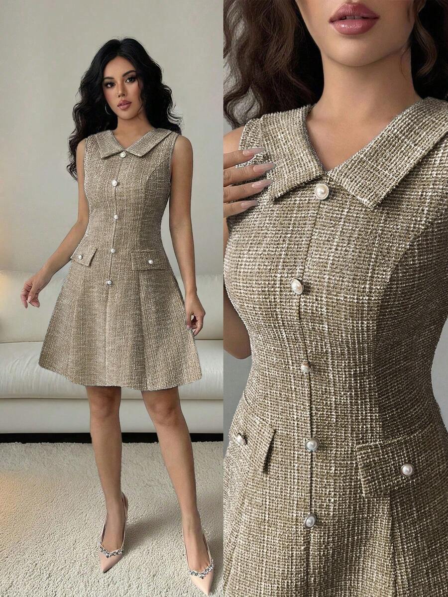 Elenzga Women's V-Neck Ruffled Collar A-Line Dress, Textured Fabric, Waist Cinched, Flared Skirt - Khaki - View 1