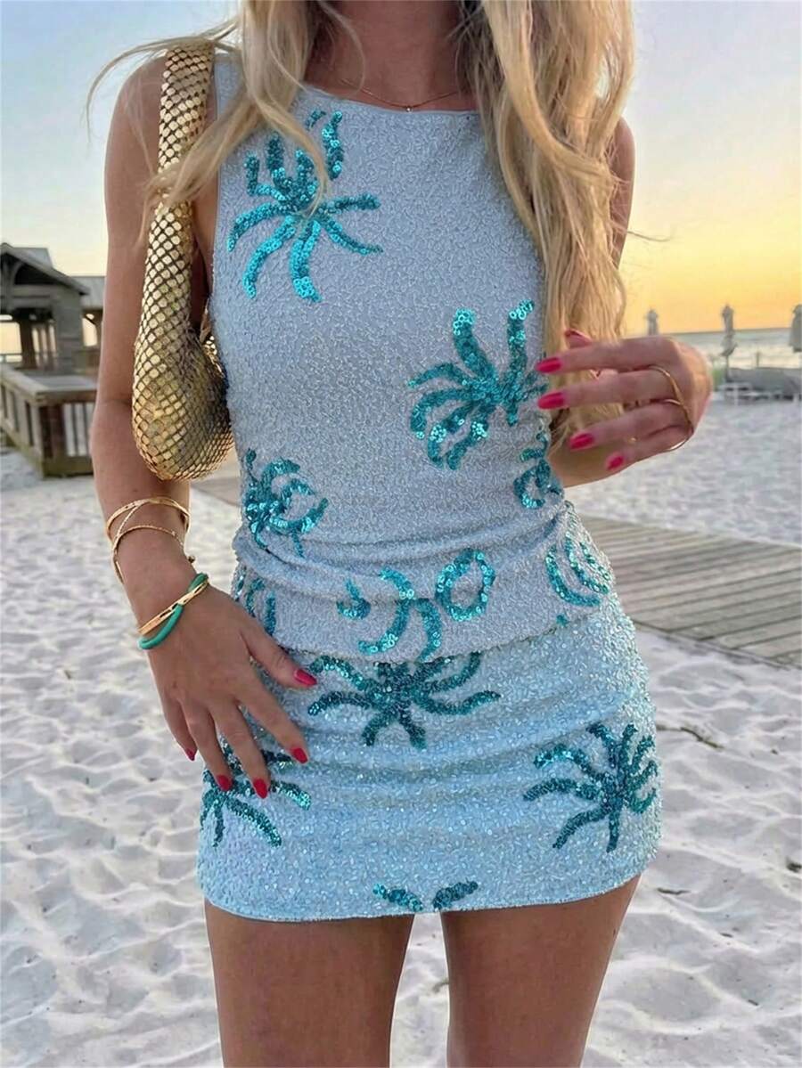 Aloruh 女士派对圣诞新年亮片圆领无袖紧身背心