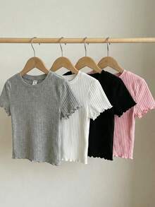 SHEIN 3pcs/Pack Teenage Girls' Round Neck Ribbed Frill Trim Short Sleeve T-Shirts - Multicolor - View 6