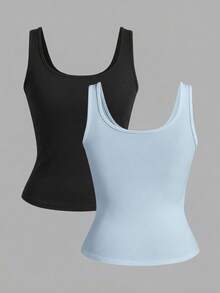 Slaydiva 2pcs/Set Black + White Casual Basic Camisole Sleeveless Deep V-Neck Ribbed Tank Top For Women,Summer Top - Multicolor - View 2