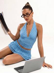 SHEIN BAE 女士性感波点印花露背吊带上衣，夏季 - 藍色 - 查看 3