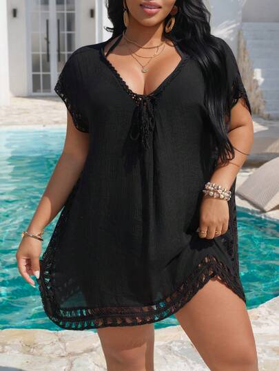 Swim Vcay 大码女士手工钩编系带沙滩罩衫连衣裙