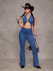 Jeanoix 女士性感露背无袖牛仔连体裤，夏季 - 藍色 - 查看 7