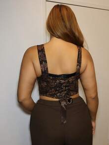 MelDlgn Plus Size Women Floral Jacquard Coffee Brown Camisole Tank Top,Valentine Day - Coffee Brown - View 2