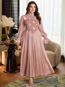 Modelyn Plus Size Women Floral Print Ruched Waist Elegant Dress, Suitable For Party And Gathering - Pink - View 6